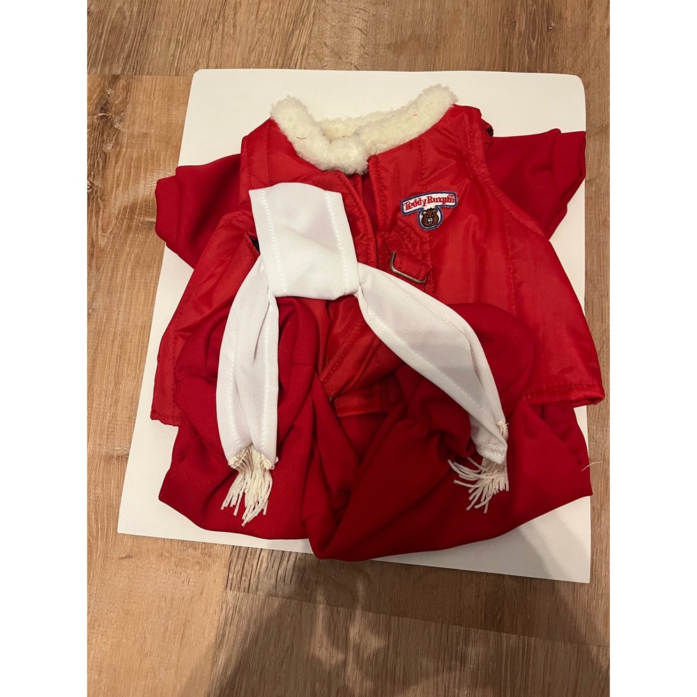 Vintage Teddy Ruxpin Red Snowsuit Outfit with Faux Fur Collar and Scarf